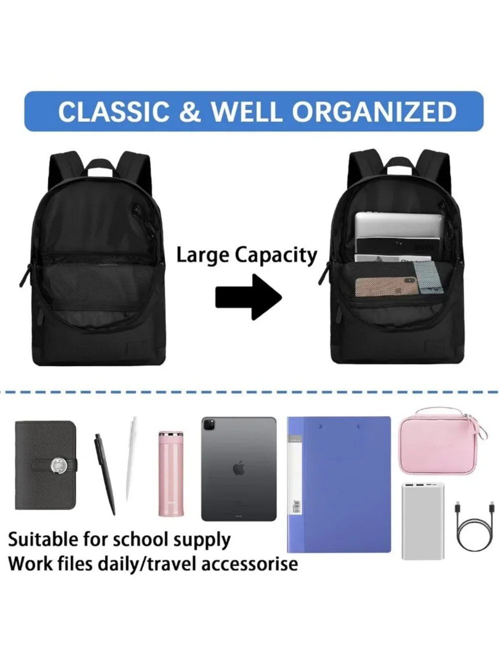 Water Resistant Travel Laptop Backpack, USB Charging, Large Capacity, All Black